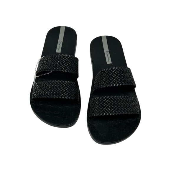 IPANEMA Dual Strap Slide Sandals Sz 5 Black Textured Recyclable Rubber Beachwear - Picture 1 of 7